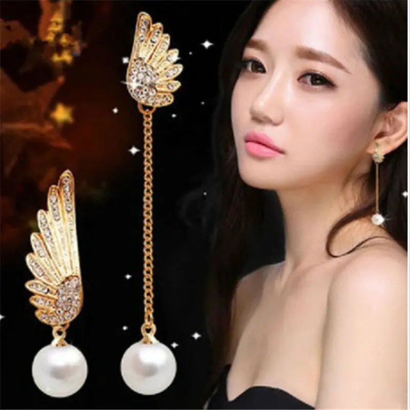 Women Elegant Wings Rhinestone Ear Stud Gold Dangle Earrings Jewelry Feida 1