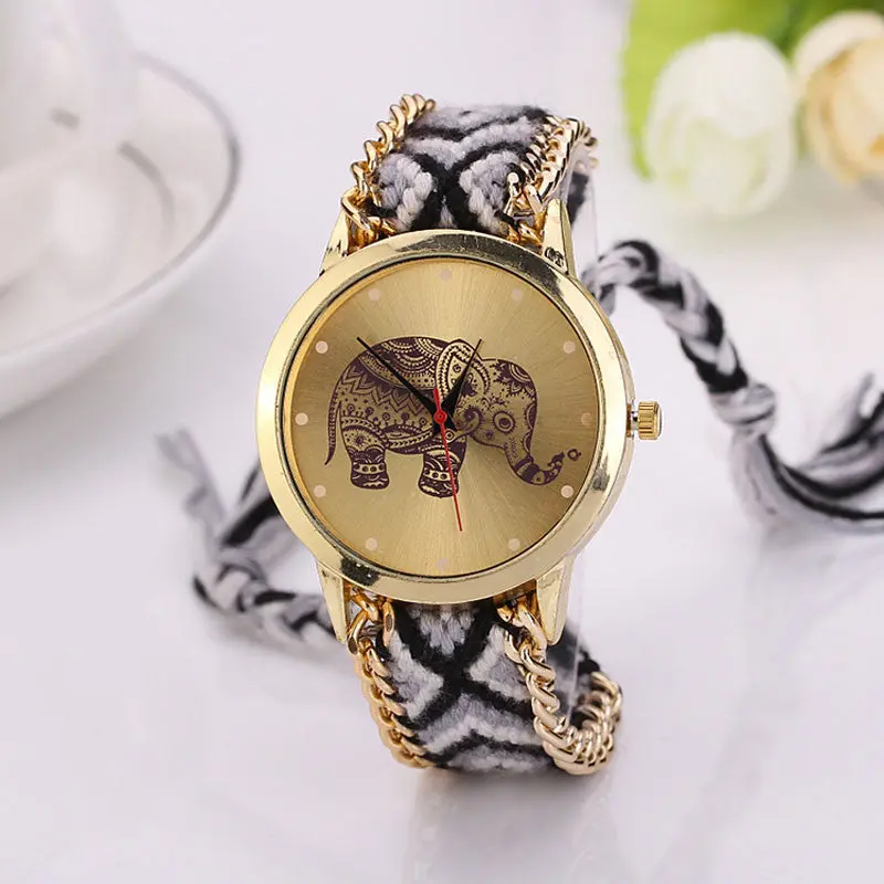 Women Elephant Pattern Rope Band Bracelet Casual Dress Watch Clock Quartz Dial Wristwatch & 1