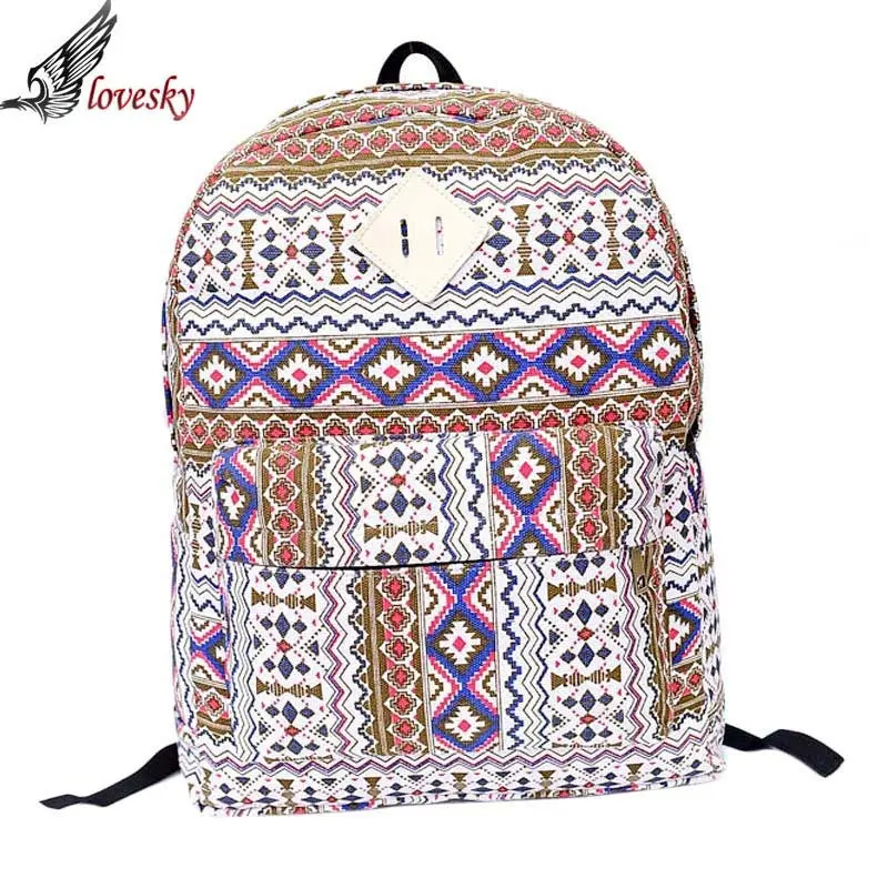 Women Ethnic Brief Canvas Rucksack Ethnic Style Zipper Backpack Air Cushion Belt Travel Bags Shoulder Bag 1