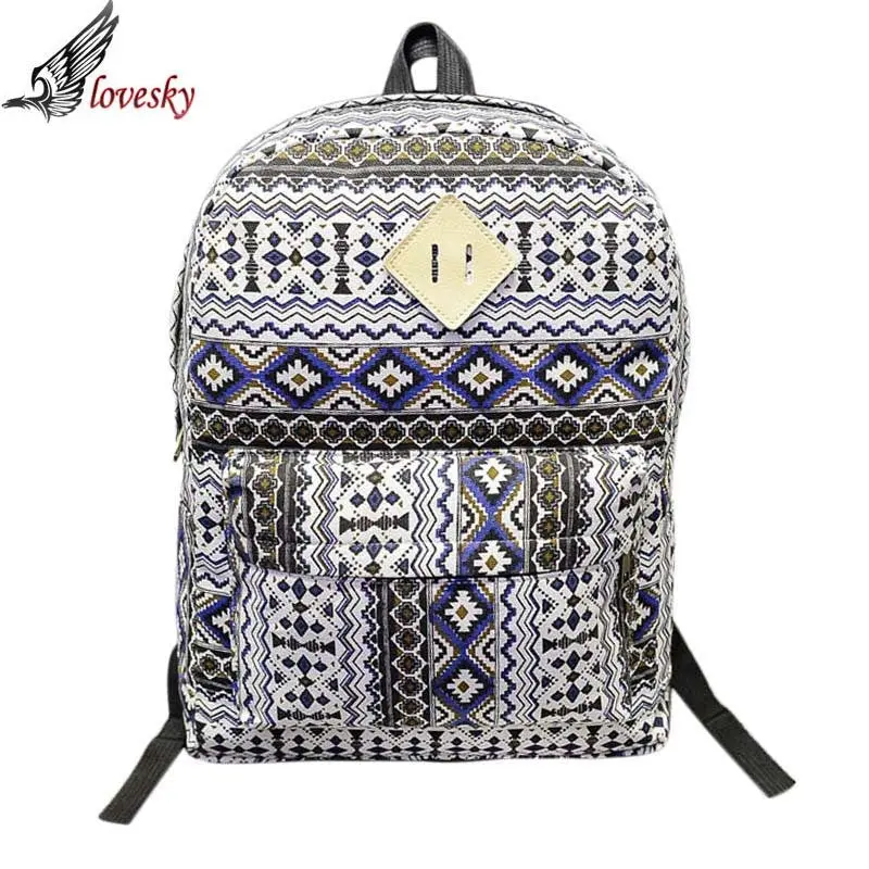 Women Ethnic Brief Canvas Rucksack Ethnic Style Zipper Backpack Air Cushion Belt Travel Bags Shoulder Bag 2