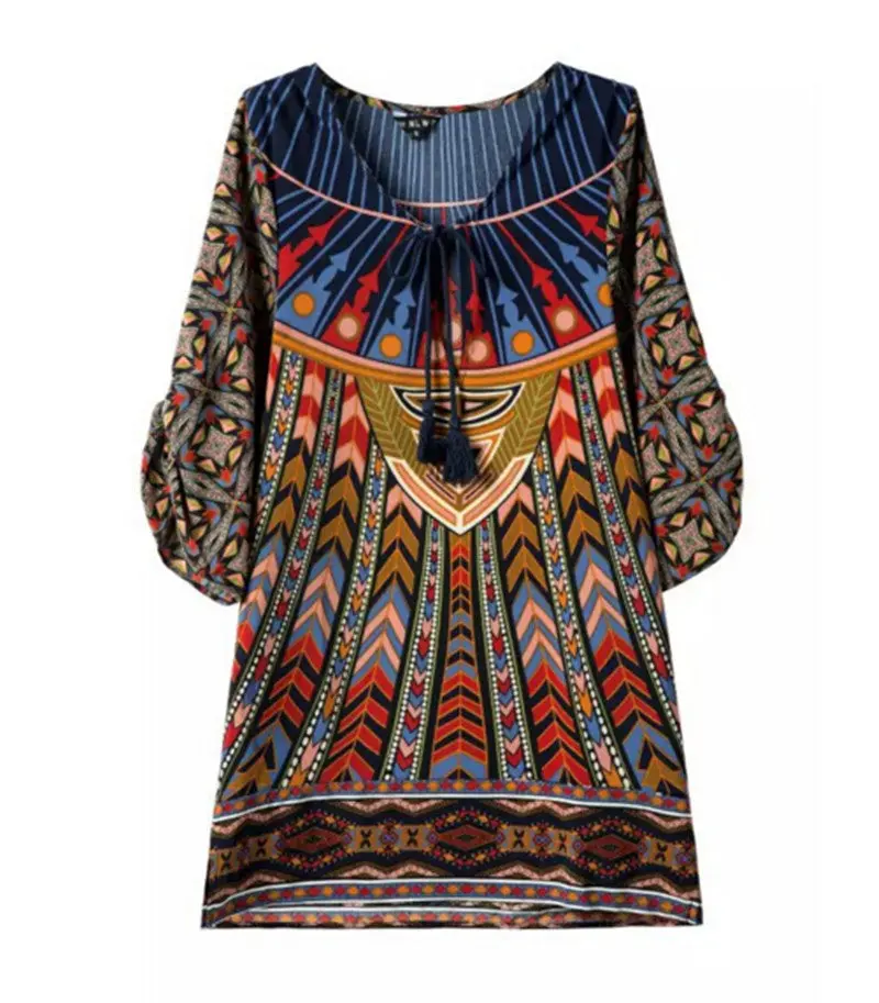 Women Ethnic Dresses Baroque Totem Geometric Floral Print Strappy Streamer V Neck Short Shift Dress Casual Tops 1