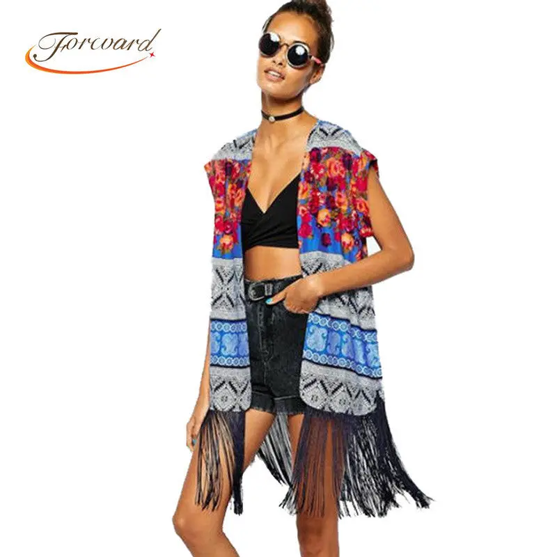 Women Ethnic Style Blouses Kimono Floral Printed Sleeveless Shirt Cardigan Tassel Regular Top Mujer Ropa Camisas Femininas 1