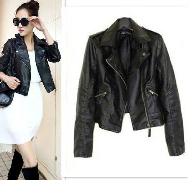 Women European And American Motorcycle Pu Leather Short Slim Jacket Notched Lapel Punk Outwear 1