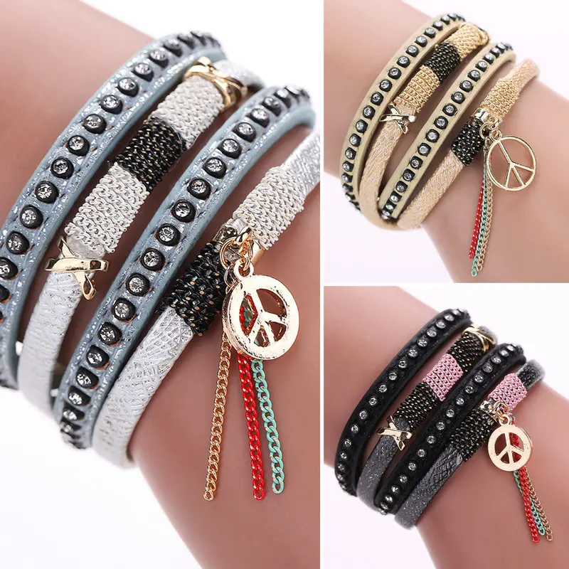 Women Fashion Multilayer Leather Rhinestone Bracelets New Leather Crystal Magnetic Clasp Braceletes 2