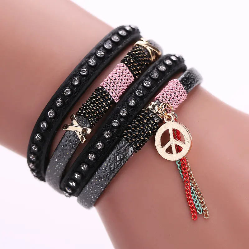 Women Fashion Multilayer Leather Rhinestone Bracelets New Leather Crystal Magnetic Clasp Braceletes 3