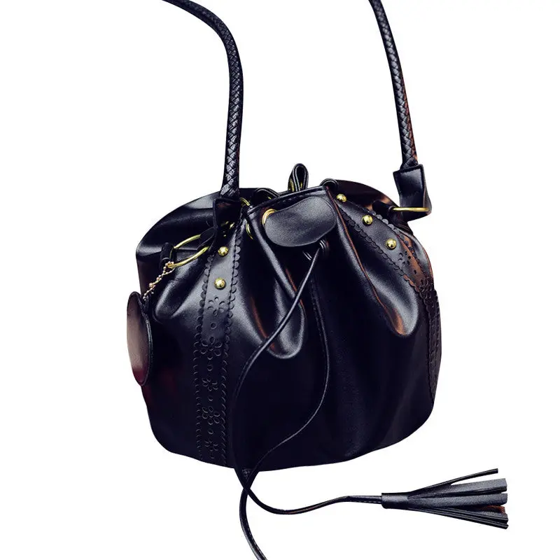 Women Fashion Tassel Drawnstring Tote Purse Single-Shoulder Bag Pu Leather 1