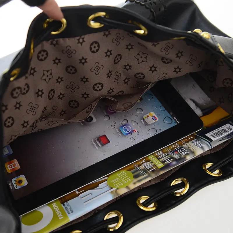 Women Fashion Tassel Drawnstring Tote Purse Single-Shoulder Bag Pu Leather 2