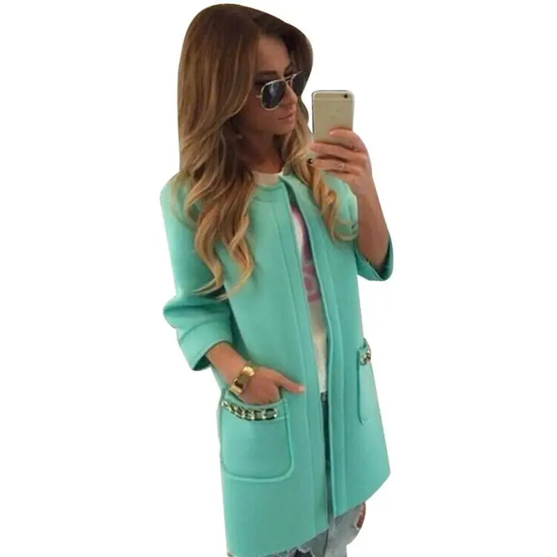 Women Fashion Warmer Pocket Jacket Outwear Parka Collarless Solid Cardigan Long Coat Overcoat Plus Size 4