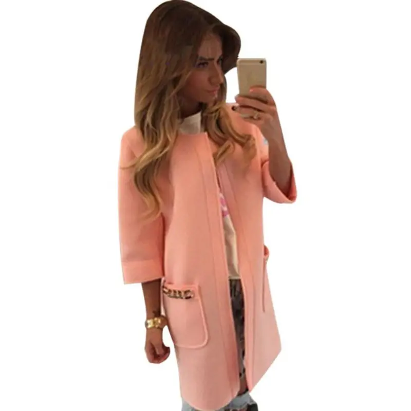 Women Fashion Warmer Pocket Jacket Outwear Parka Collarless Solid Cardigan Long Coat Overcoat Plus Size 5