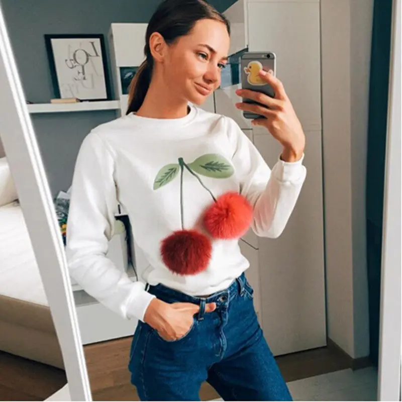 Women Faux Fur Ball Sweatshirt Pullover 3D Cherry Pom Pom Feather Felpe Donna Sudaderas Mujer S M L White 1