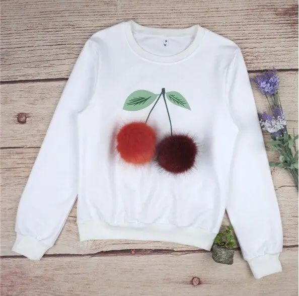 Women Faux Fur Ball Sweatshirt Pullover 3D Cherry Pom Pom Feather Felpe Donna Sudaderas Mujer S M L White 3