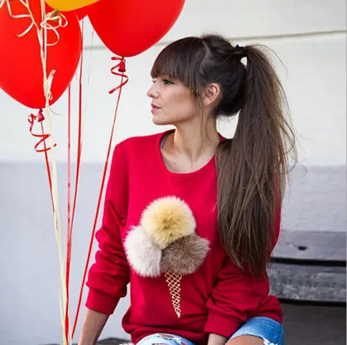 Women Faux Fur Ball Sweatshirt Pullover 3D Ice Cream Pom Pom Feather Felpe Donna Sudaderas Mujer S M L 6 Colors 10