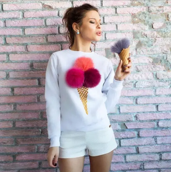 Women Faux Fur Ball Sweatshirt Pullover 3D Ice Cream Pom Pom Feather Felpe Donna Sudaderas Mujer S M L 6 Colors 10