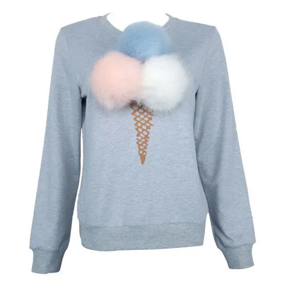 Women Faux Fur Ball Sweatshirt Pullover 3D Ice Cream Pom Pom Feather Felpe Donna Sudaderas Mujer S M L 6 Colors 4