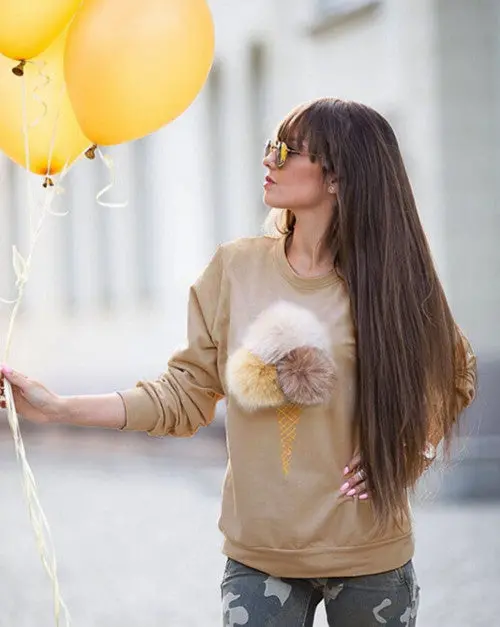 Women Faux Fur Ball Sweatshirt Pullover 3D Ice Cream Pom Pom Feather Felpe Donna Sudaderas Mujer S M L 6 Colors 7
