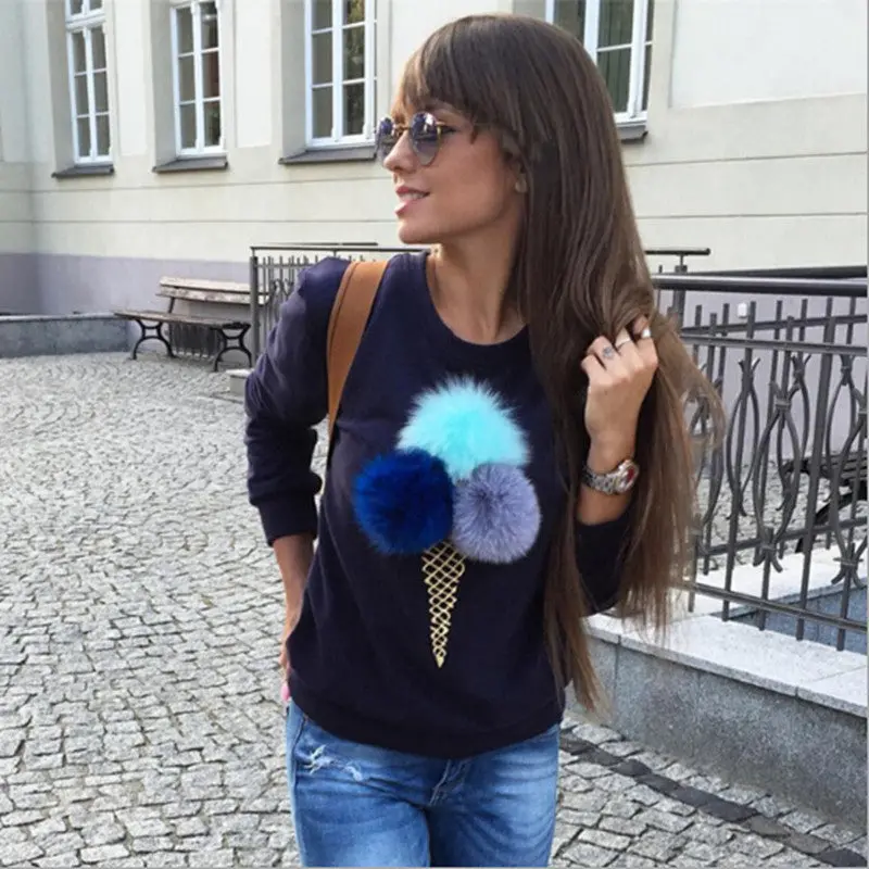 Women Faux Fur Ball Sweatshirt Pullover 3D Ice Cream Pom Pom Feather Felpe Donna Sudaderas Mujer S M L 6 Colors 7