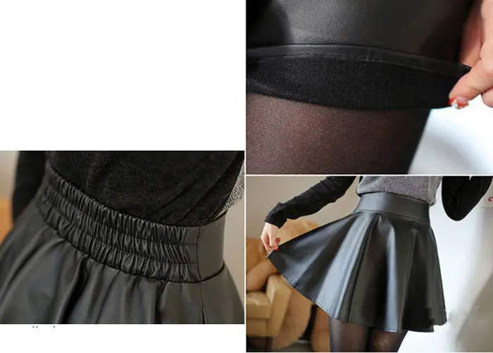 Women Faux Leather High Waist Skater Flared Pleated Short Mini Skirt 3