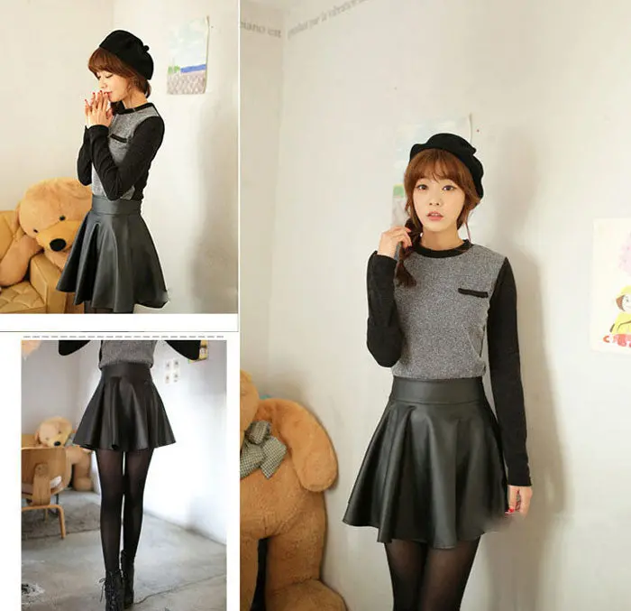 Women Faux Leather High Waist Skater Flared Pleated Short Mini Skirt 4