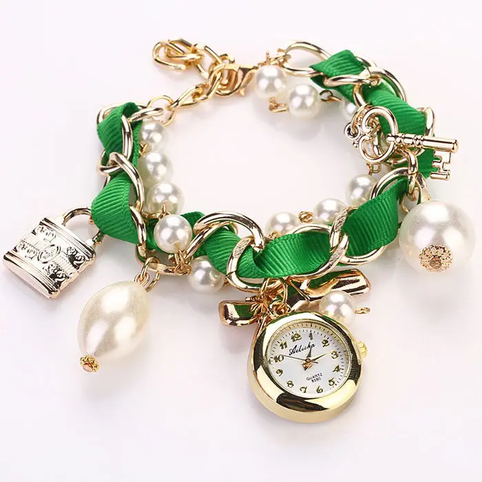 Women Faux Pearl Rhinestone Watches Vouge Girls Artificial Pearl Bracelet Wristwatches 1