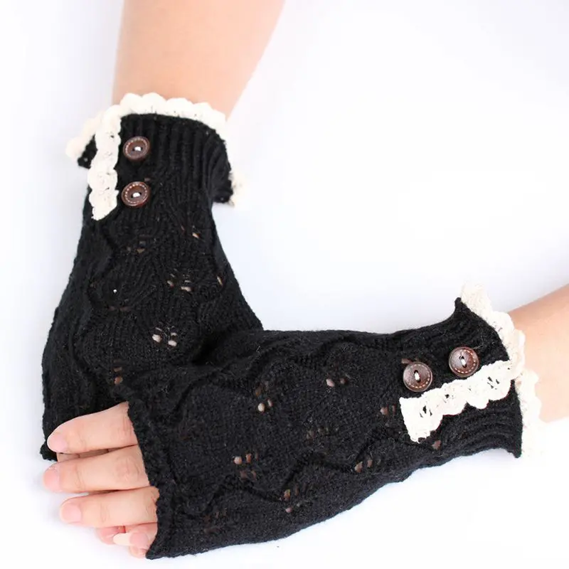 Women Fingerless Lace Knitted Button Hand Wrist Gloves Hollow Out Leaf Fitness Gloves Christmas Hand Warmer 1