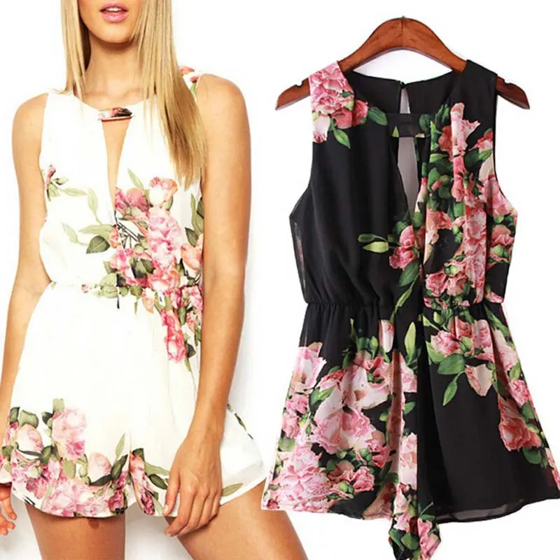 Women Floral Print Sleeveless Backless Chiffon Jumpsuit Short Pant + 2