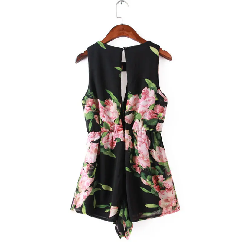 Women Floral Print Sleeveless Backless Chiffon Jumpsuit Short Pant + 3
