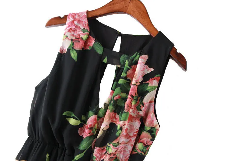 Women Floral Print Sleeveless Backless Chiffon Jumpsuit Short Pant + 4