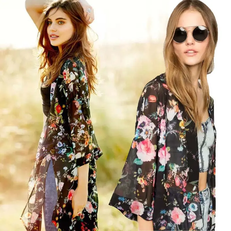 Women Floral Printed Tops Beach Half Sleeve Kimono Tops Sexy Casual Lady Girls Bohemian Vestido Mujer 3
