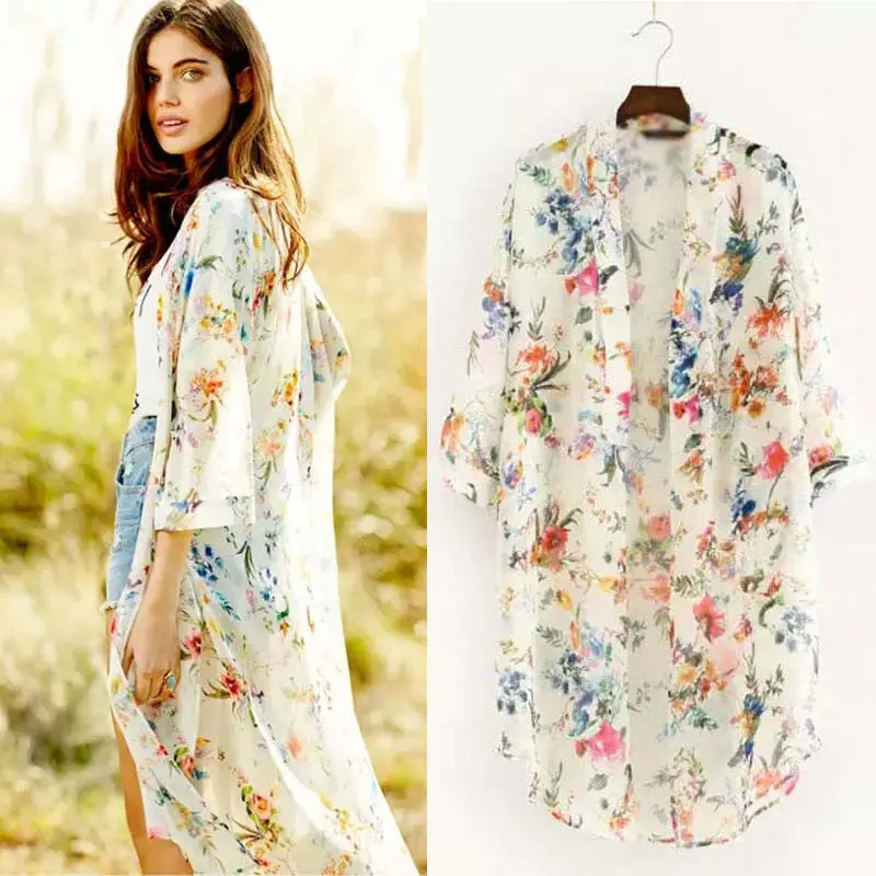 Women Floral Printed Tops Beach Half Sleeve Kimono Tops Sexy Casual Lady Girls Bohemian Vestido Mujer 4
