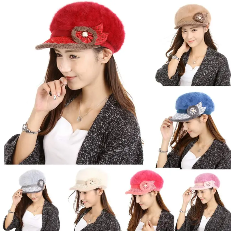 Women Flower Cap Knitting Beanie Cap Warm Peaked Sboy Caps 2