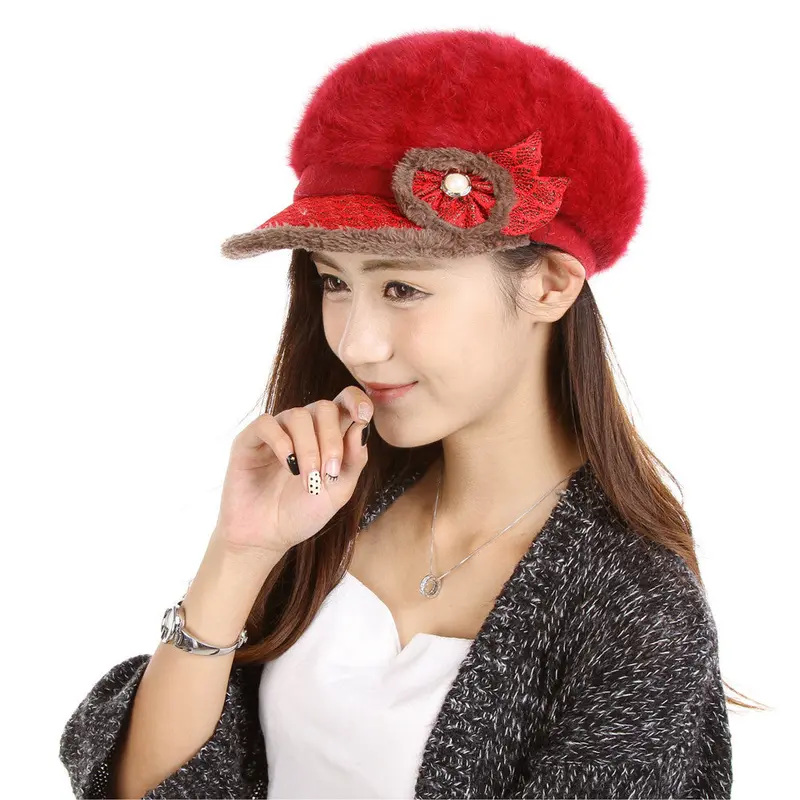 Women Flower Cap Knitting Beanie Cap Warm Peaked Sboy Caps 3
