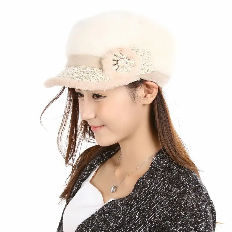 Women Flower Cap Knitting Beanie Cap Warm Peaked Sboy Caps 6