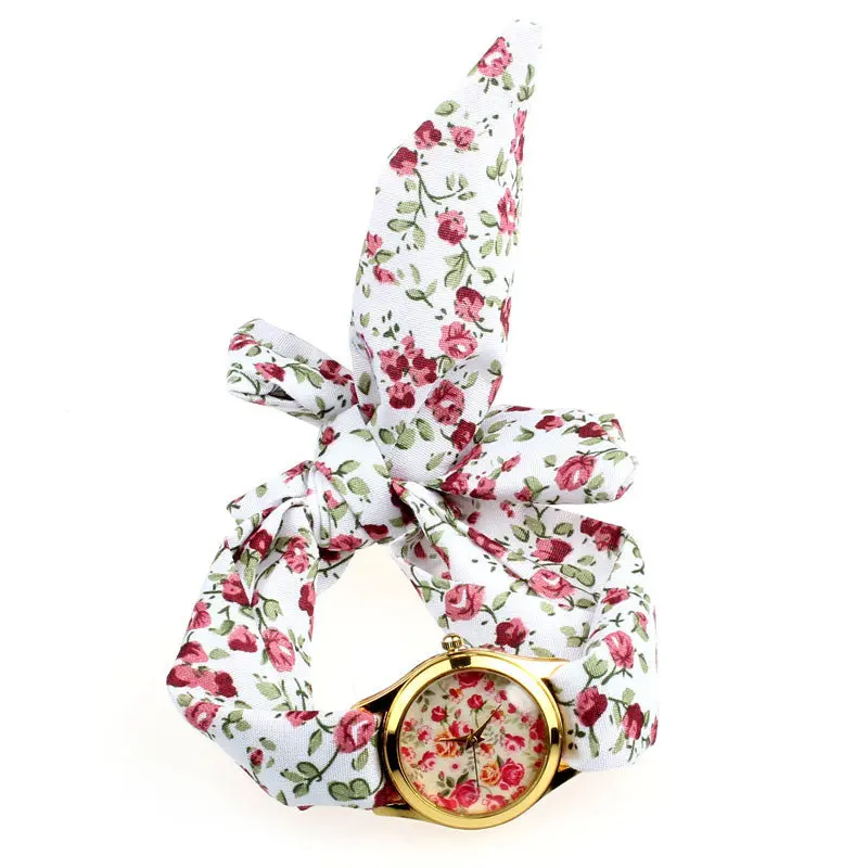 Women Flower Cloth Watches Vintage Quartz Reloj Floral Fabric Band Rose Flower Print Wristwatch 1
