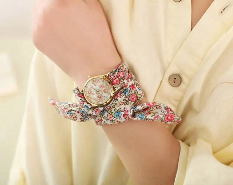 Women Flower Cloth Watches Vintage Quartz Reloj Floral Fabric Band Rose Flower Print Wristwatch 2