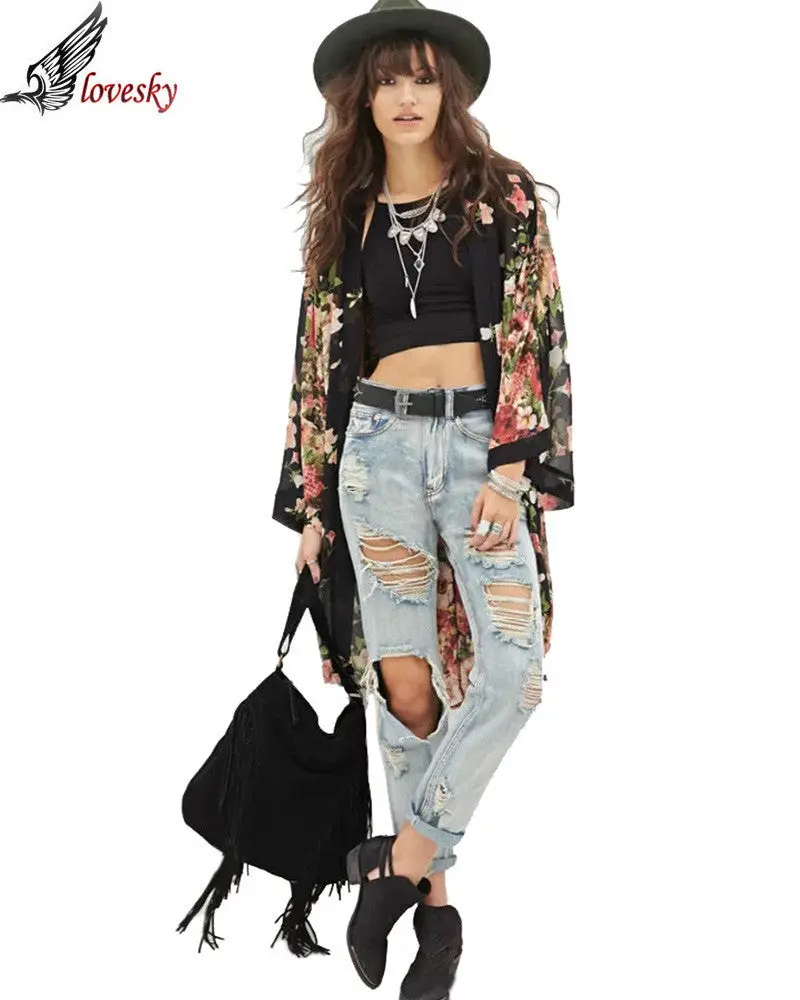 Women Flower Floral Print Chiffon Batwing Sleeve Kimono Cardigan Three Quarter Sleevejacket Outwear Blouse 1
