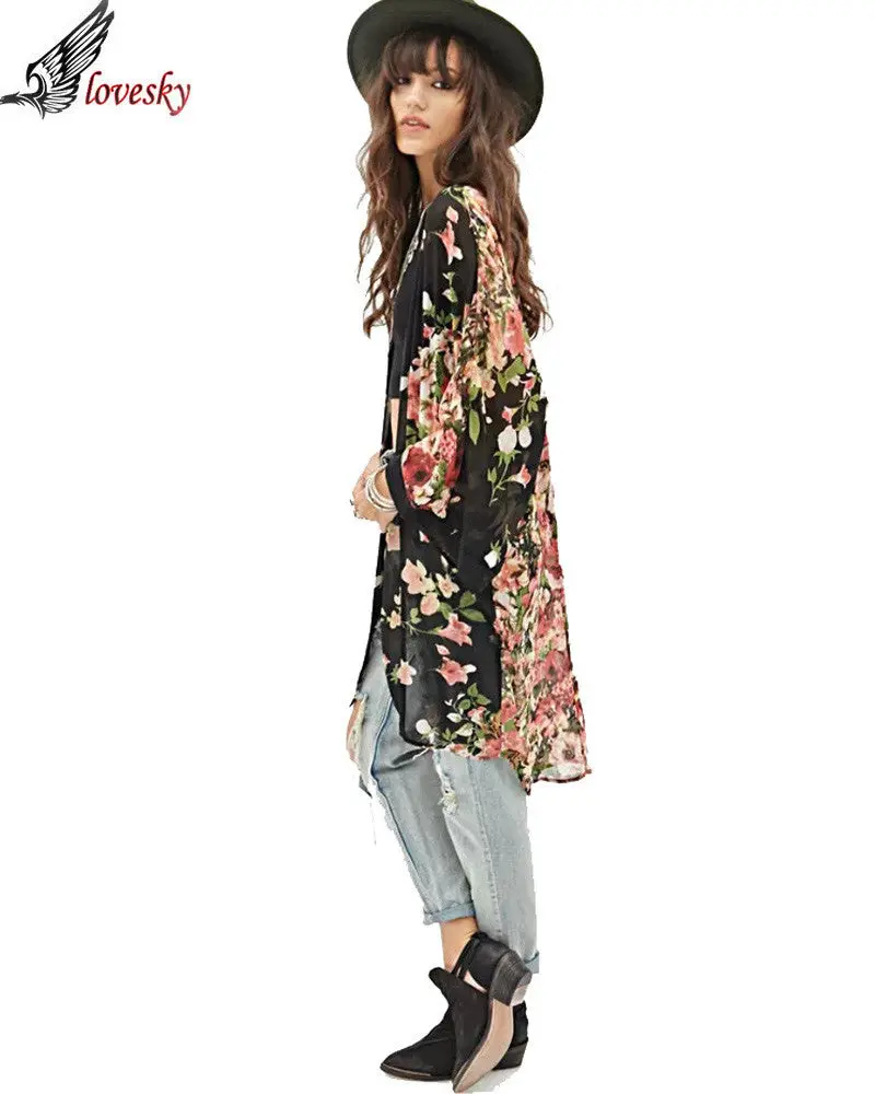 Women Flower Floral Print Chiffon Batwing Sleeve Kimono Cardigan Three Quarter Sleevejacket Outwear Blouse 2