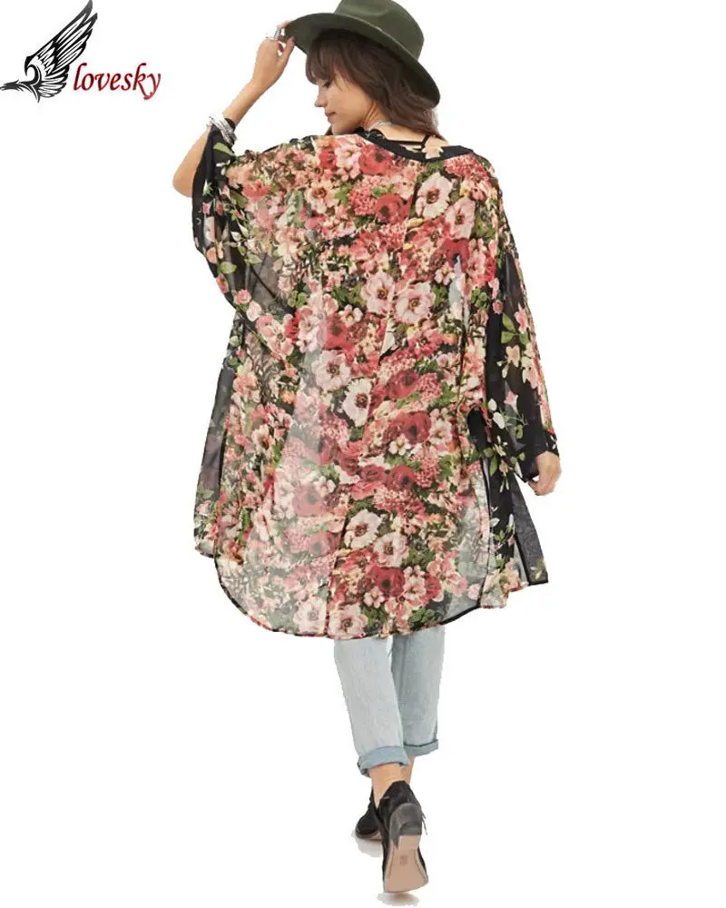 Women Flower Floral Print Chiffon Batwing Sleeve Kimono Cardigan Three Quarter Sleevejacket Outwear Blouse 3