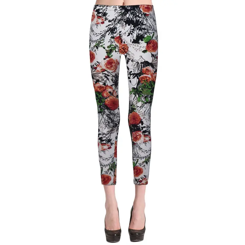 Women Flower Print Leggings High Elastic Ink And Wash Painting Slim Pants 1