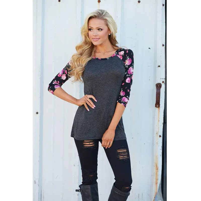Women Flowers Printing Stitching O-Neck Nine Points Sleeve T-Shirt 1