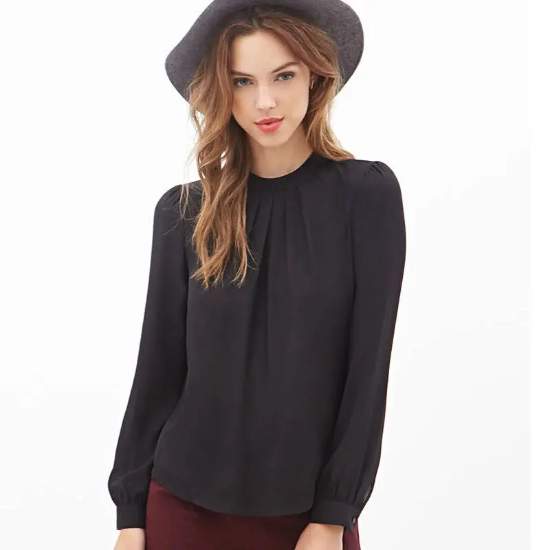 Women Fold Loose Casual Chiffon Long Sleeve Blouse 3