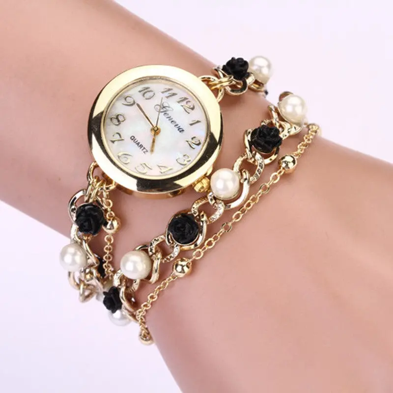 Women Geneva Watches Faux Pearl Flower Chain Bracelet Wrist Analog Quartz Dial Watch Relogio Feminino Gift 2