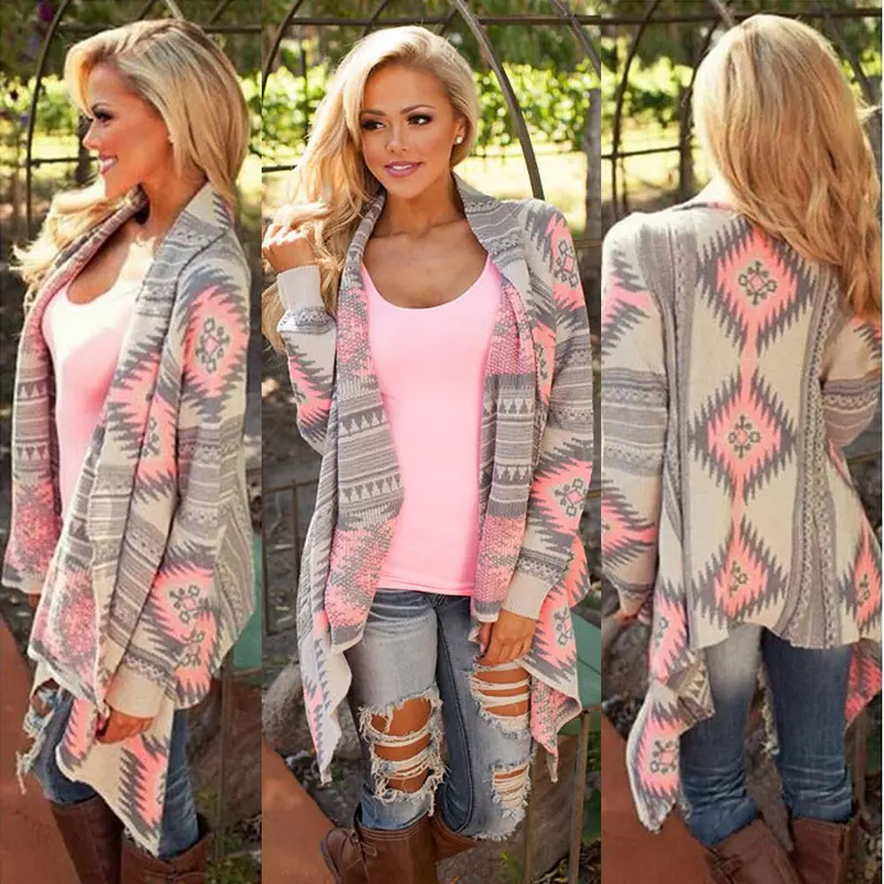 Women Geometric Printed Long Sleeve Cotton Kimono Cardigan Coat Cover Up Tops 2