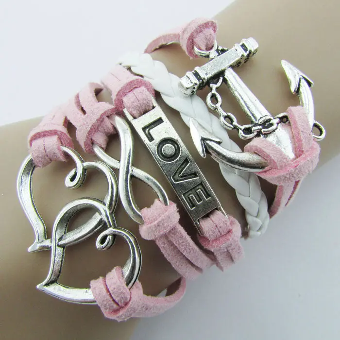 Women Girl Arrive Infinity Double Heart Anchor Leather Cute Charm Bracelet Silver Diy Bangles Teast 1