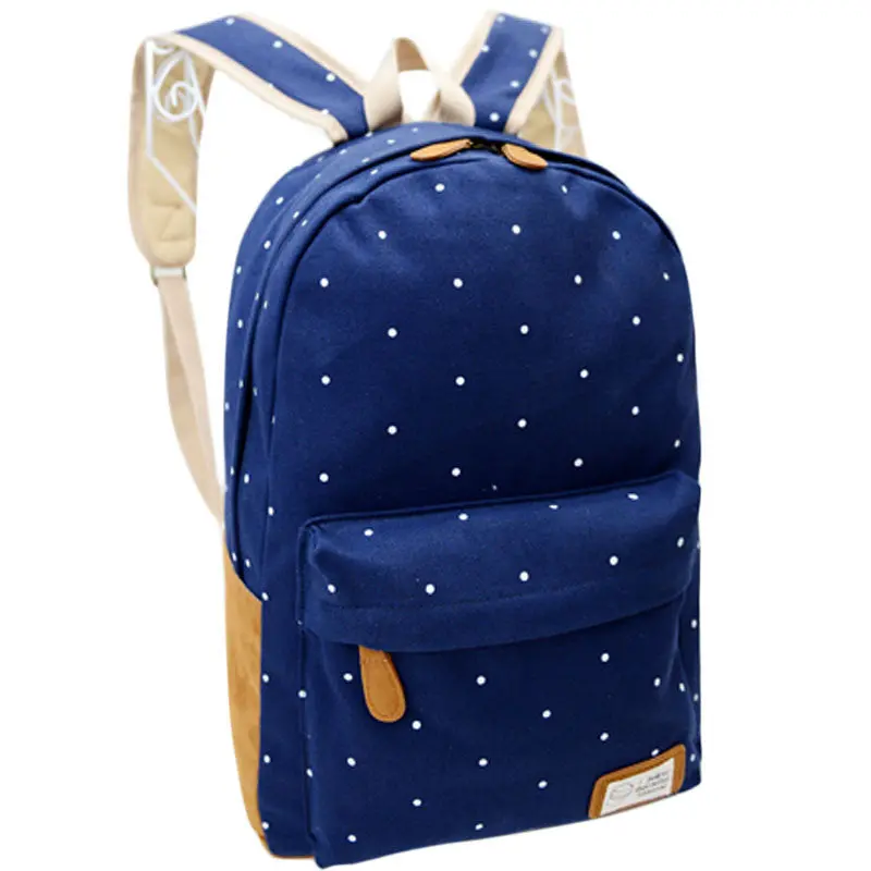 Women Girl Canvas Rucksack Polka Dot Air Cushion Belt Backpack School Book Zipper Softback Shoulder Bag 3