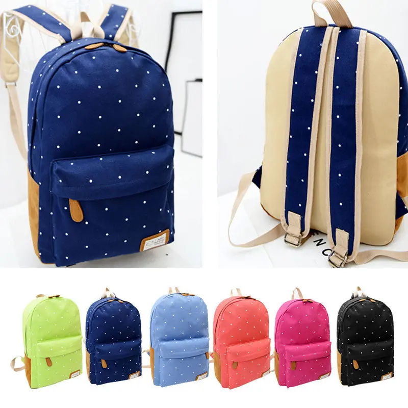 Women Girl Canvas Rucksack Polka Dot Air Cushion Belt Backpack School Book Zipper Softback Shoulder Bag 6