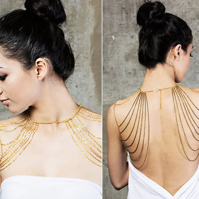 Women Girl Charm Gold Black Tassels Link Body Shoulder Chain Statement Necklace Teast 1