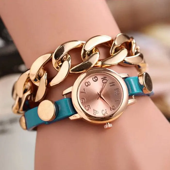 Women Girl Dress Watch Punk Gold Dial Leather Chain Wrap Analog Quartz Wrist Watch Bracelet Hours 1