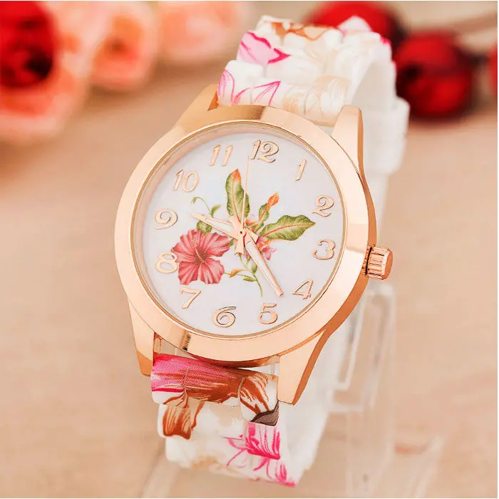 Women Girl Dress Watch Silicone Band Printed Flower Causal Quartz Wristwatches Floral Lady Vintage Relojes Mujer 1