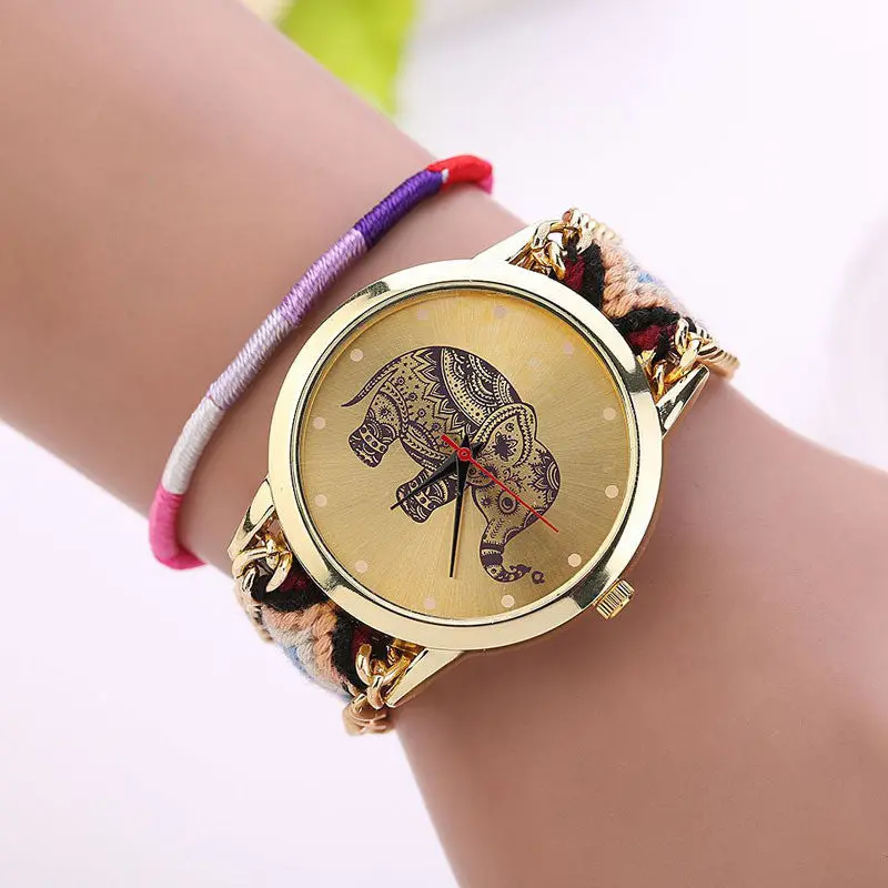 Women Girl Handmade Weaved Braided Elephant Bracelet Dial Quarzt Watch 2