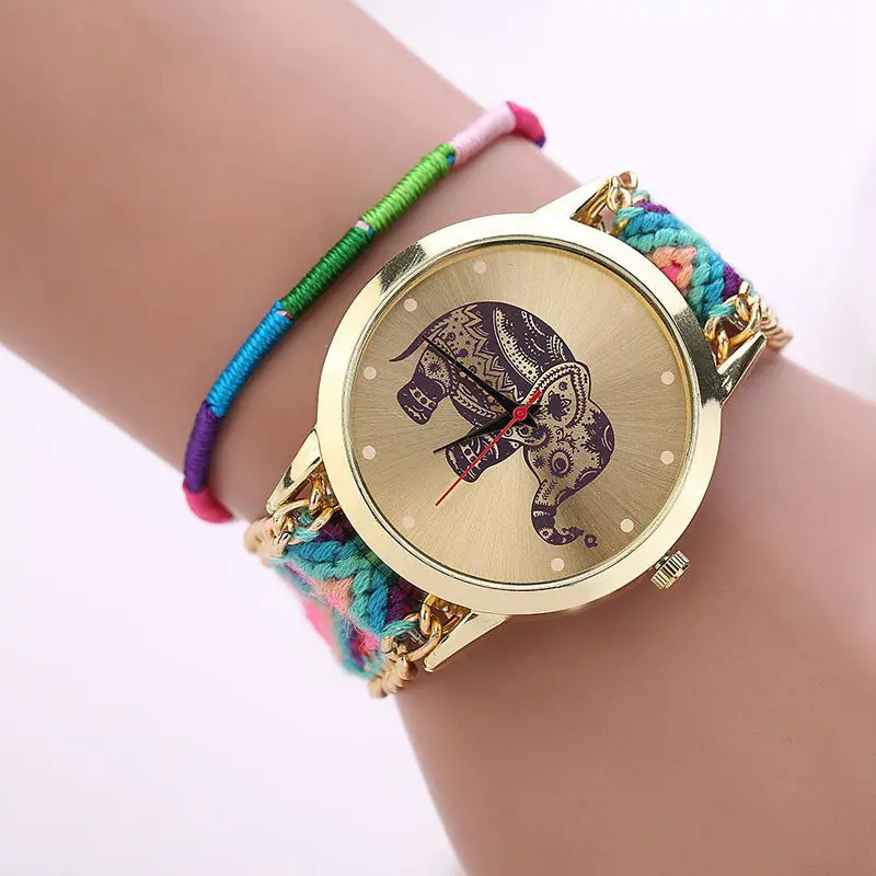 Women Girl Handmade Weaved Braided Elephant Bracelet Dial Quarzt Watch 5